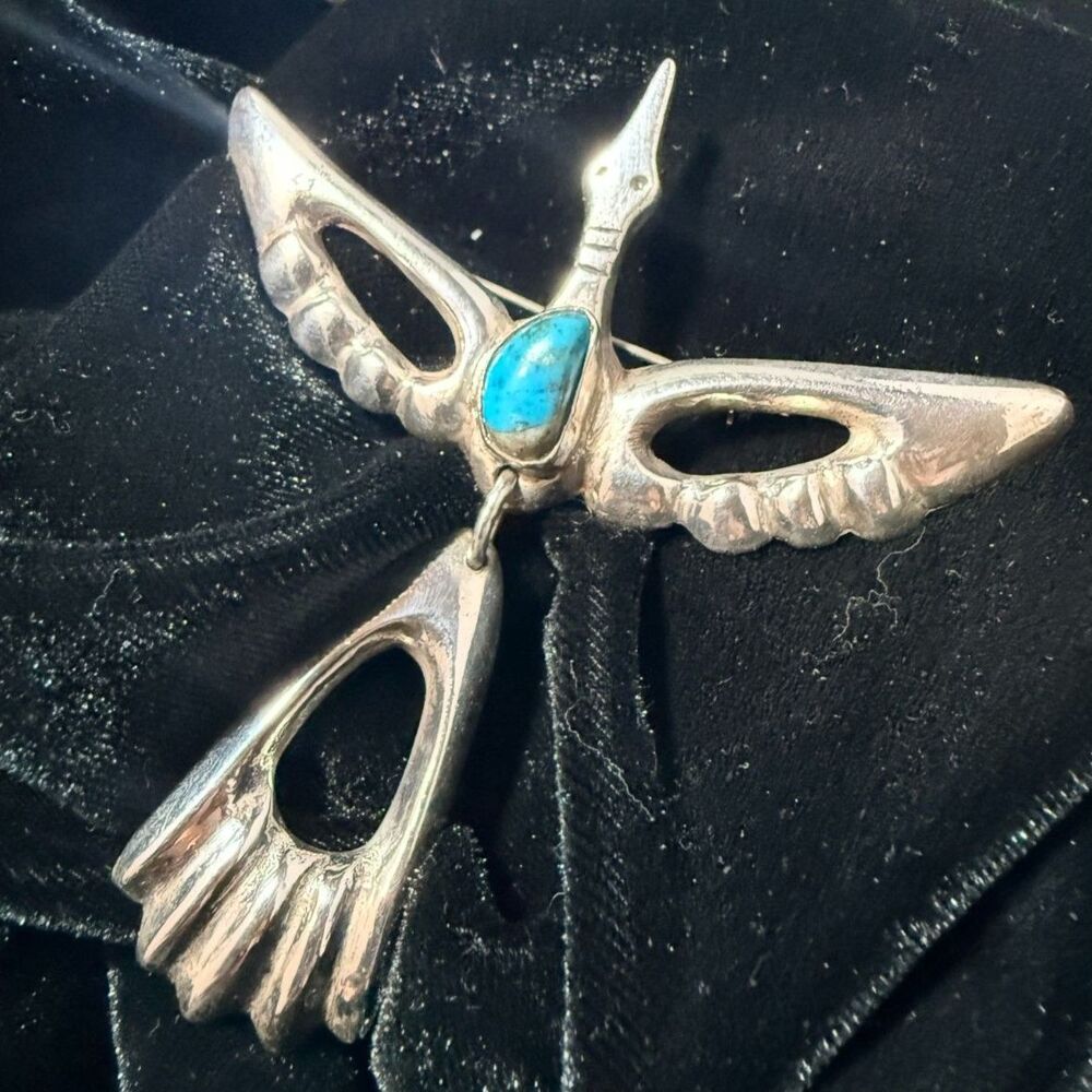 Vintage Southwestern Sterling Silver & Turquoise Peyote Bird Brooch Pin #647